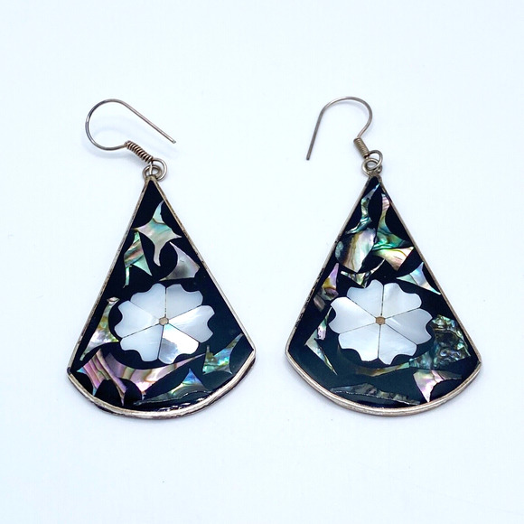 Vintage Alpaca Mexico Silver Abalone Mother of Pearl Large Dangle Earrings 3" - Picture 3 of 7